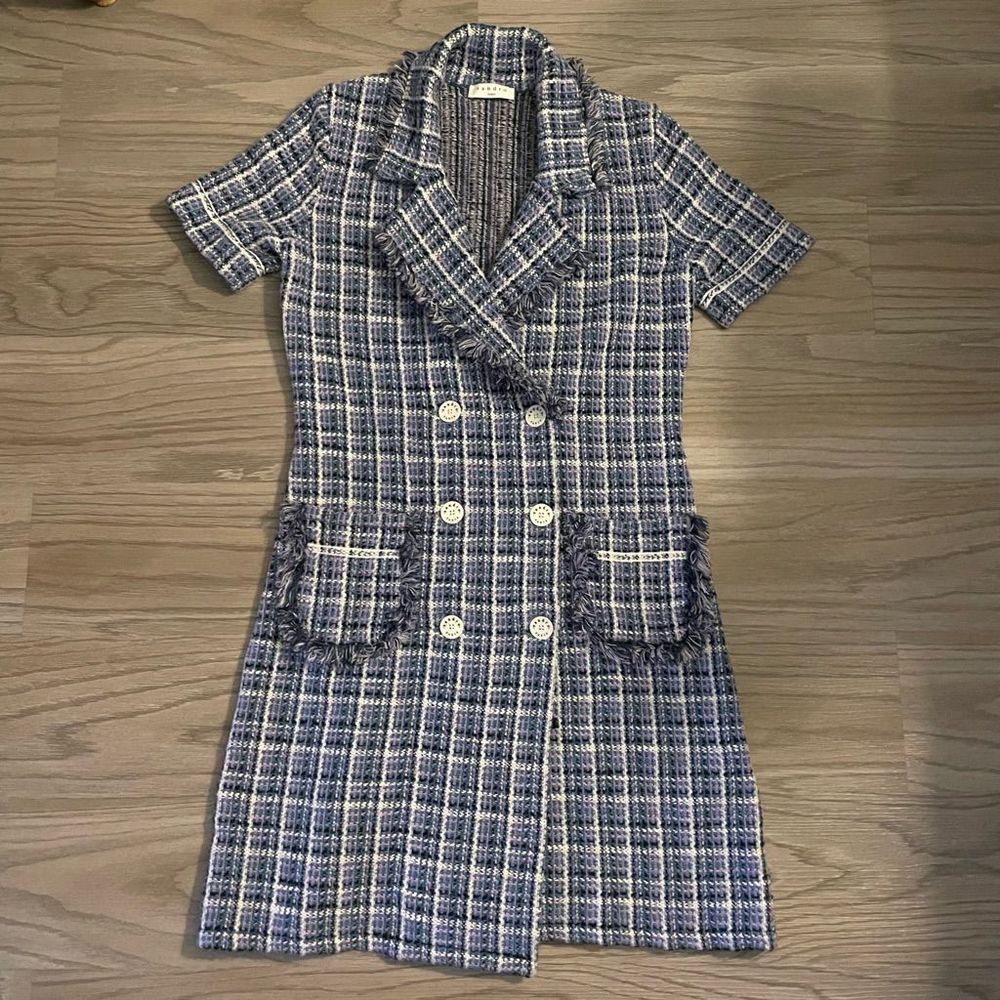 Sandro Blue and White Plaid Midi Dress